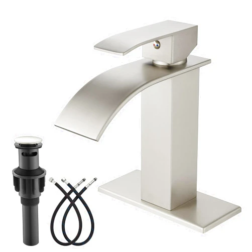 gotonovo Waterfall Bathroom Faucet Single Handle Bathroom Faucets for Sink 1 Hole Stainless Steel Modern Mixer Tap Wash Basin Faucet with Pop-up Drain, Brushed Nickel