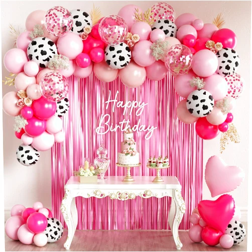 MEBAY 157Pcs Pink Cow Print Balloons Garland Arch Kit with Pink Fringe Curtain for Cowgirl Baby Shower First Rodeo Farm Wedding Birthday Party Decorations