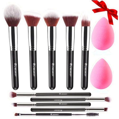 BEAKEY Makeup Brushes Set, Professional Foundation Eyeshadow Concealer Blush Powder Bronzer Applicator, 2 Blender Sponge with Beauty Paper Case, Valentines Day Gifts for Her
