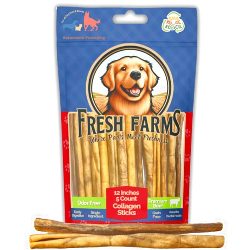 Fresh Farms Natural Collagen Sticks for Dogs 5 Pack - 12 Inches – Long-Lasting Alternative to Bully Sticks, Rawhide-Free Collagen Chews w/Chondroitin & Glucosamine for Joint Support & Dental Health