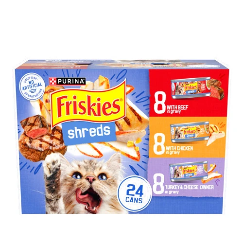 Friskies Purina Friskies Gravy Wet Cat Food Variety Pack, Shreds With Beef, With Chicken, and Turkey and Cheese Dinner - (Pack of 24) 5.5 oz. Cans
