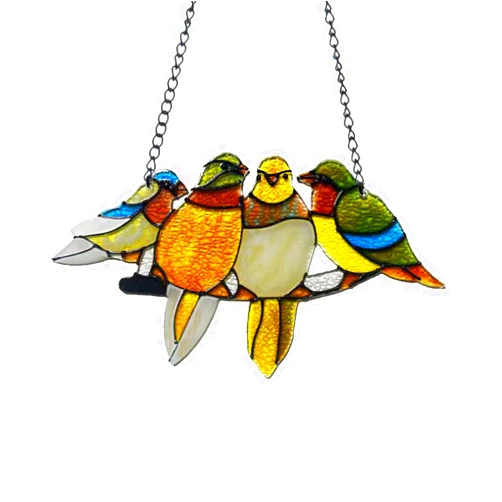 Zyuzles Stained Glass Window Hanging,Birds On A Branch Stained Glass Ornament,Hanging Four Birds Stained Hand Painted Glass Window Decoration Sun Catcher for Home Decor (Hummingbird type)