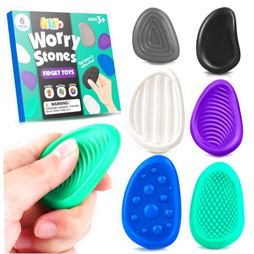 KLT Fidget Toys Adults Sensory Stone: 6 Pack Textured Worry Stone for Autism Kids Calming Down - Fidget Stress Toys for Anxiety Relief - Small Students Prizes Fidget Toys