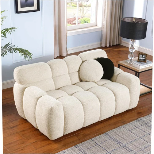 KIVENJAJA Boucle Loveseat Sofa, Sherpa Tufted Cloud Bubble Love Seat, Modern Comfy 2-Seater Deep Seat Small Couch with 2 Pillows for Living Room Apartment Office, 65”W, Beige