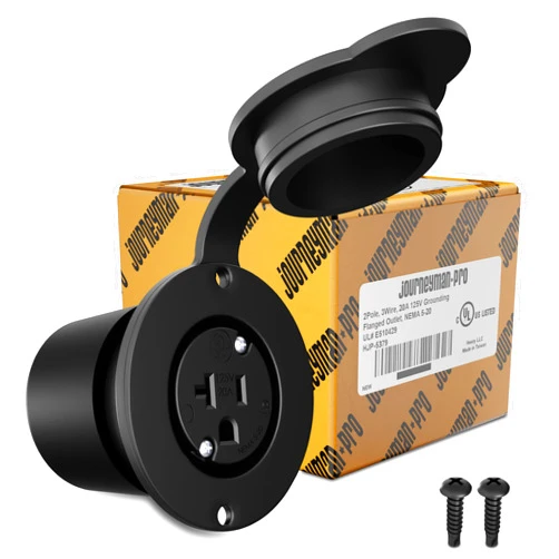Journeyman-Pro HJP-5379 20 AMP 110,120-125 Volt, NEMA 5-20R Flanged Outlet, Black Commercial Grade, 2 Pole-3 Wire, Straight Blade Plug EV Charger Receptacle Socket (with Front & Back Covers)