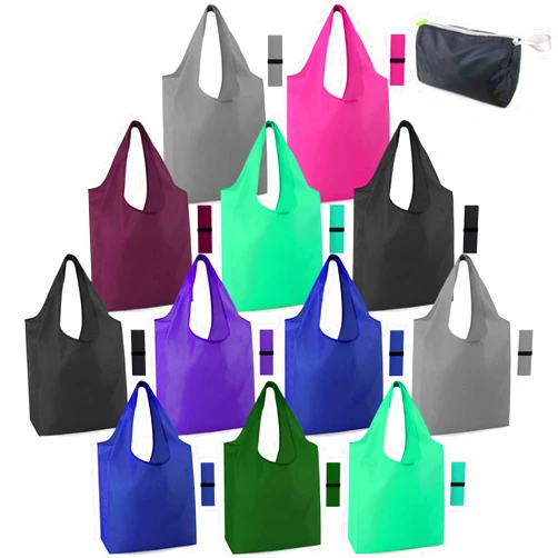 BeeGreen Groceries Reusable Bags for Shopping Compact Cute Solid Color Cloth Grocery Totes Set of 12 Fold up Packable Recycling Shopper Baggies w Zipper Carry Pouch for Supermarket
