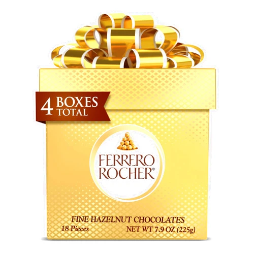Ferrero Rocher, 4 Holiday Gift Boxes, Gourmet Milk Chocolate Hazelnut, Chocolate Gift Box, Individually Wrapped, 7.9 oz Each