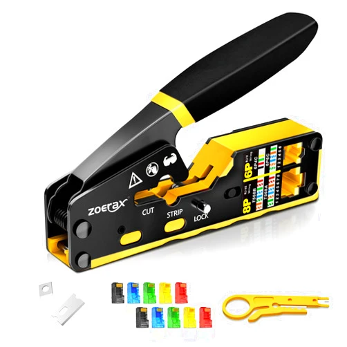 ZOERAX RJ45 Crimping Tool Ethernet Crimp Tool Crimper for RJ11/RJ12 Standard, RJ45 Pass Through Connectors, Yellow