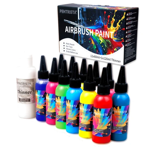 PENTRISTA Airbrush Paint 12 Colors(2.03oz,60ml) with 4.06oz,120ml Thinner,Ready to Spray Air Brush Painting Set,Opaque Water-Based Acrylic Air Brush Paint for Nails,Models,Metal,Hobbyist and Artists