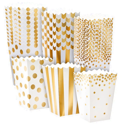 Sparkle and Bash 102 Pack Gold Foil Mini Popcorn Boxes for Movie Night Party Supplies, 3 Designs (20oz, 3.5x3.5x5.5 in)