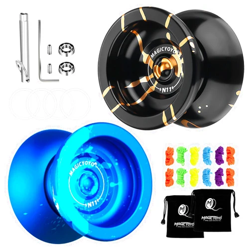 MAGICYOYO N11 Professional Unresponsive Yoyo Alloy Aluminum YoYo Ball with 2 Bags + 12 Yoyo Strings, Responsive Bearings Kit -N11 Black Golden and N11 Blue Splash