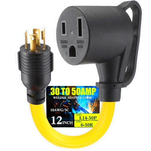 Tellegloww 30Amp to 50Amp Welder Adapter Cord, NEMA L14-30P Male to 6-50R Female 30Amp 4 Prong Locking Generator to 3 Prong Welder Power Adapter, STW 10 AWG/3C, 30 Amp 250V 7500 Watt 12Inch ETL Listed
