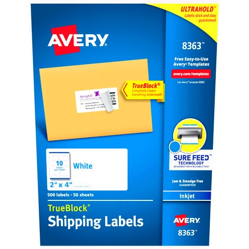 Avery Shipping Address Labels, Inkjet Printers, 500 Labels, 2x4 Labels, Permanent Adhesive, 5 Packs (8363)