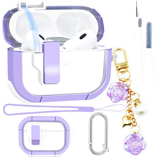 GAFKIDFO Clear Case for AirPods Pro 2nd/1st Generation Case Cover 5in1 Set, Purple Automatic Snap Switch Secure Lock Case for Apple Airpod Pro Case Women with Silicone Wrist Strap Cute Flower Keychain for Girl