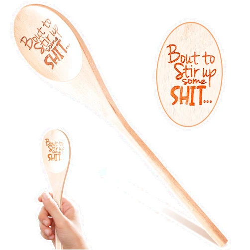 EYEOO Bout to Stir Up Some Shit Funny Wooden Spoons Christmas Gift Large Funny Spoons Laser Engraved Gifts Personalized Home Kitchen Long Handle Spoons for Cooking Tools Wooden Non-Stick Surface Spoon