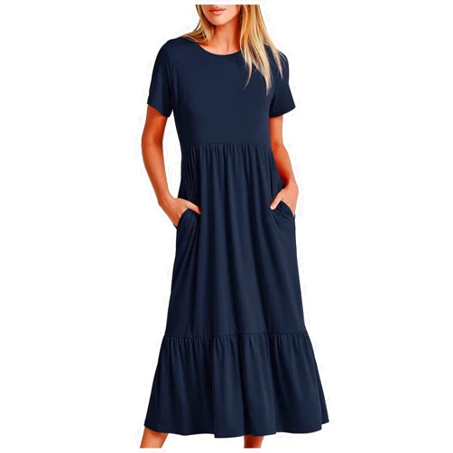 SMIDOW Womens Summer Short Sleeve Crewneck Shirt Dress Casual Flowy Tiered Maxi Beach Dress with Pockets Elegant Long Dresses