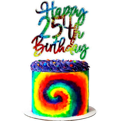 ZFMY Wong Tie Dye Happy 25th Birthday Cake Topper - Groovy Hippie 25th Birthday Party Glitter Cake Supplies - 25 & Fabulous Birthday Decoration