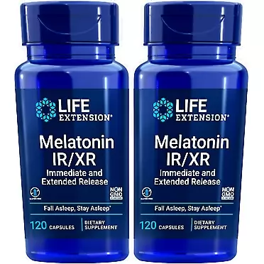 Life Extension Melatonin IR/XR, 120 Capsules (Pack of 2) - Immediate & Extended-Release for 7 Hours Support - Night Time Supplement - Stay Asleep All Night Long - Non-GMO, Gluten-Free