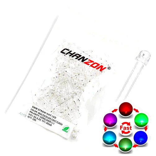 Chanzon 100 pcs 5mm RGB Multicolor Fast Blinking (Multi Color Changing) Straw Hat LED Diode Lights (Clear Transparent Lens) Bright Lighting Bulb Lamps Electronics Components Light Emitting Diodes