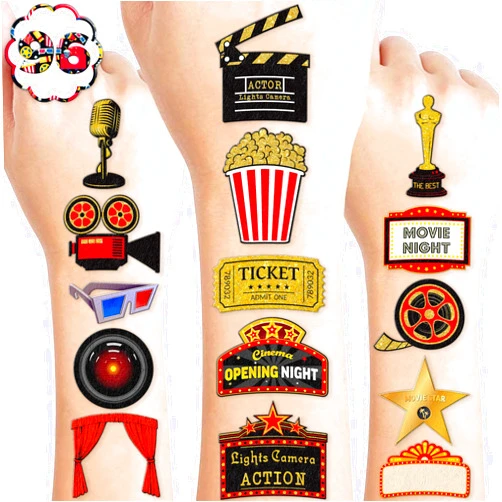 Generic Movie Night Temporary Tattoos Birthday Theme Party Decorations Favors Supplies Cute Stickers Tattoo 8 Sheets 96 PCS Gifts for Kids Girls Boys Decor Class School Reward Carnival Christmas