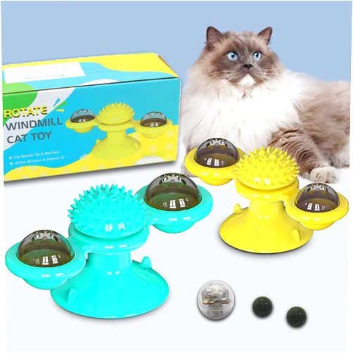 GEESTONE 2pcs a Set Windmill Cat Toys,Cat Chew Exercise, Interactive Cat Toys for Indoor Cats Funny Kitten Toys with LED Light Ball Suction Cup Wall Mount Cat Spinner with Rotatable Toy Ball for Cat