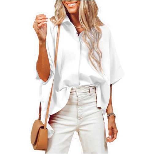 Merryfun Women’s Textured Button Down Shirts V Neck Short Sleeve Oversized Casual Collared Solid Summer Blouses Dressy Tops