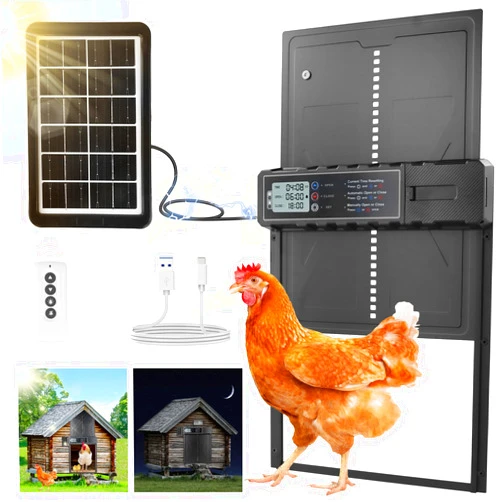 Techcircle Automatic Chicken Coop Door, Solar Chicken Coop Door with Timer and Remote LCD Display Chicken Door Aluminum Alloy Auto Chicken Door Solar Powered Anti Pinch Electric Coop Door, Black