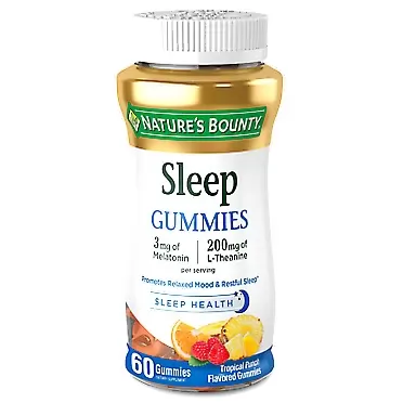 Nature's Bounty Melatonin by Nature's Bounty, 100% Drug Free Sleep Aid, Dietary Supplement, Promotes Relaxation and Sleep Health, 3mg Melatonin and 200mg L-Theanine, Tropical Punch Flavor, 60 Gummies