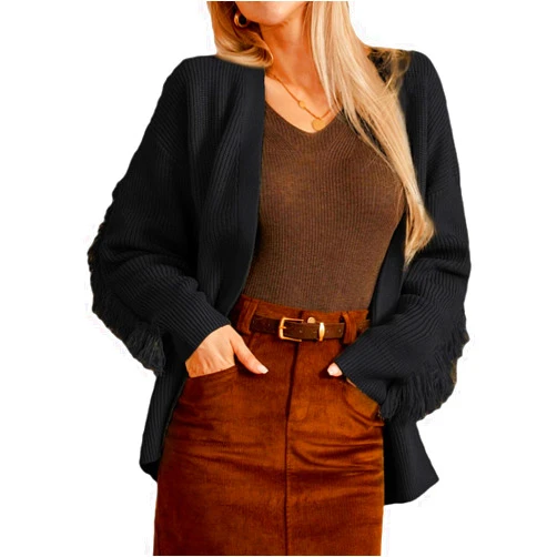 GRACE KARIN Women's 2024 Casual Long Sleeve Fringed Cardigan Open Front V Neck Knit Loose Oversized Sweater Outwear