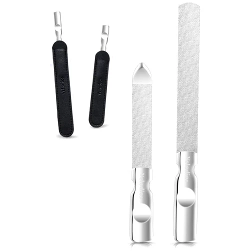 Velodios Professional Stainless Steel Fingernail Files, Double Sided Stainless Steel Nail File with Leather Case, Reusable Heavy Duty Nail File for Men and Women, Great for Home and Salon – 2PCS