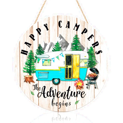 TOARTi Happy Campers Wood Hanging Sign Plaque, Summer Outdoor Adventure Quote Wooden Door Hanger, Round Tent Camping Wall Art for Campers Travel Home Garden Decor (12''x12'')