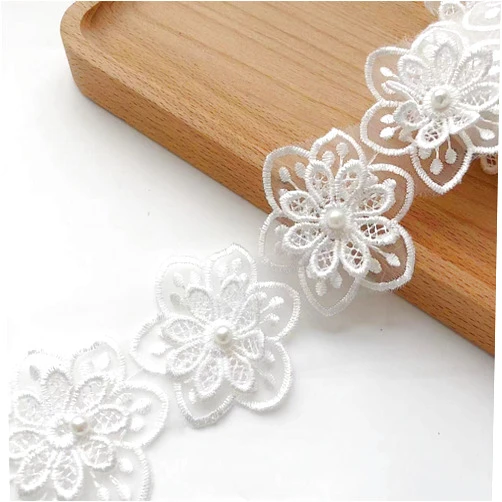 SimpleSS 3Yards White Flower Lace Pearl Trim,Embroidered Sewing Lace Applique for DIY Sewing Crafts Wedding Dress Home décor