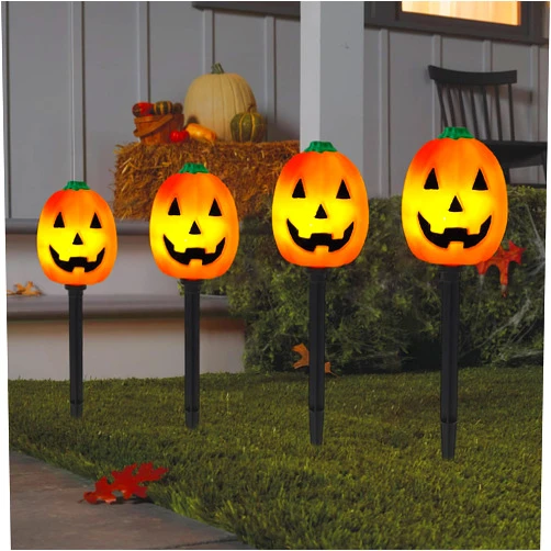 SUNNYPARK Set of 4 Halloween Pathway Markers Lights, 14.2 Inch High Battery Operated Plastic Jack-O-Lantern Shaped Pumpkin Lawn Garden Stakes Clear Lights for Trick or Treat Party Outdoor Halloween Decor
