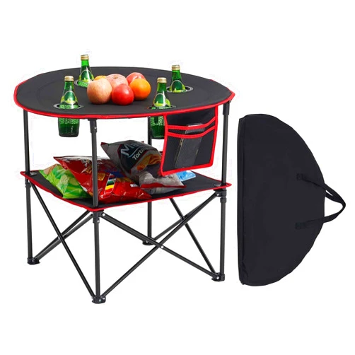 VEVOR Folding Camping Table, Portable Outdoor Lightweight Picnic Table, 600D Oxford Fabric Waterproof Canvas Travel Beach Tables, with 4 Cup Holders, Carry Bag, for Tailgating Camping Picnic, Black