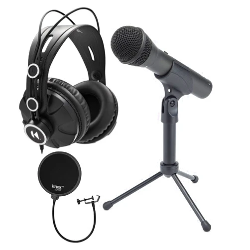 Samson Q2U Black Handheld Dynamic USB Microphone Bundle with Pop Filter and Closed Back Over-Ear Headphones (3 Items)