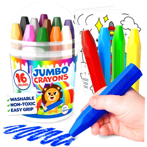 Momo & Nashi Jumbo Crayons For Toddlers 1-3 - 16pc Toddler Crayons For Kids Ages 4-8 1-3 2-4 - Large Crayons For Toddlers 1-3 With Printed & PDF Crayon Color Sheets - Non Toxic Washable Crayons - Toddler Coloring