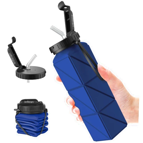 Infitran Collapsible Water Bottles, BPA-Free Silicone Foldable Water Bottle Cup with Straw Strap 20.6oz,Leak-Proof Durable Lightweight Bottle for Gym Travel Camping Hiking Running Sport,DarkBlue
