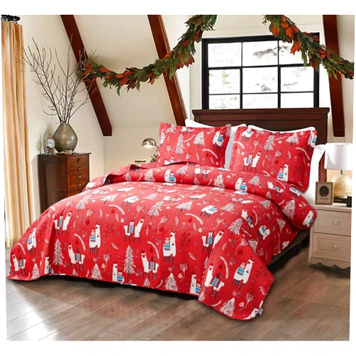 CHINO Cartoon Bedding Quilt Set Twin Size 3-Piece Kids Bedspread Set with Alpaca Pattern Lightweight Soft Summer Coverlet Comforter Cover for All Season (Red, 1 Quilt + 2 Pillow Shams)