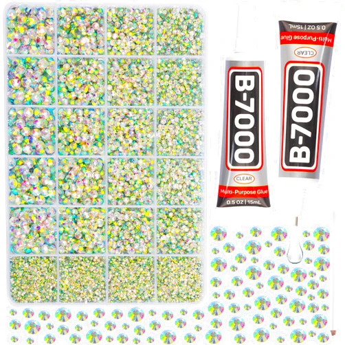 Worthofbest 20100Pcs ab Crystal Iridescent Rhinestones with b7000 Gem Glue for Crafts Clothing Crafting Clothes, ab Stones Flatback for Fabric Shoes Tumblers Shirt, ab Diamonds Flat Back ss6-ss30/2mm-6mm Mix