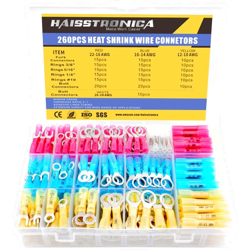 haisstronica 260PCS Heat Shrink Wire Connectors - Marine Grade - AWG 26-10 - Red Copper - Butt, Ring, Crimp Terminals - 4 Colors, 19 Sizes