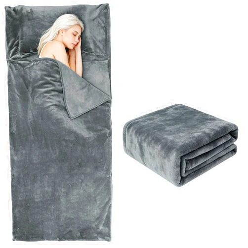 Tuphen Flannel Sleeping Bag Liner, XXL Fluffy Adult Sleeping Sack with Hidden Zipper for Warm or Cold Weather, Thick Travel Sheets for Hotel,Camping,Backpacking,Traveling & Dirty Proof,Gray,86 x 41‘’