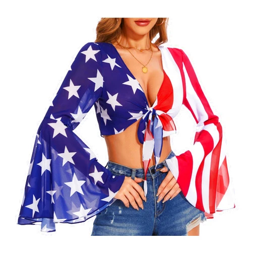 American Trends Patriotic Shirts for Women 4th of July Bell Sleeve Top V Neck Crop American Flag Top