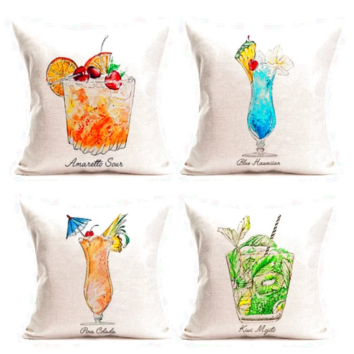 Fukeen Summer Time Throw Pillow Cases Set of 4 Tiki Bar Mai Tai Cocktail Decorative Cushion Covers Blue Hawaiian, Kiwi Mojito Quotes Cotton Linen Pillowcase Holiday Home Couch Decor Square 18x18 Inch