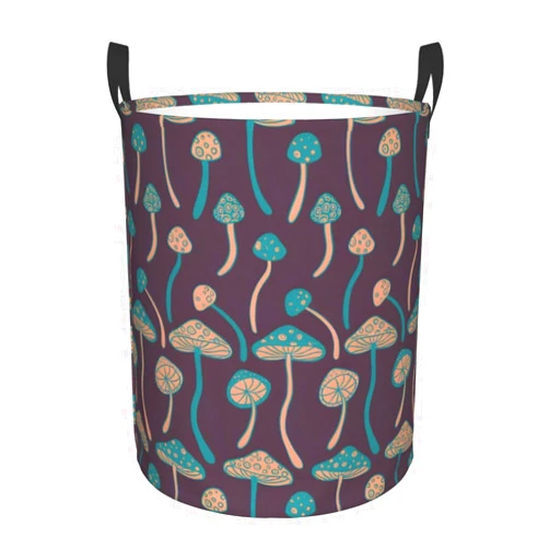 Pupohipo Round Laundry Basket With Handles, Retro Mushrooms Psychedelic Collapsible Waterproof Laundry Hamper Clothes Storage Basket, Lightweight Organizer For Living Room,Bedroom,Bathroom