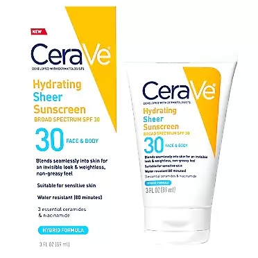 CeraVe Hydrating Sheer Sunscreen SPF 30 for Face and Body | Mineral Sunscreen & Chemical Sunscreen with Zinc Oxide, Hyaluronic Acid, Niacinamides and Ceramides| Paraben Free Fragrance Free | 3 Ounces