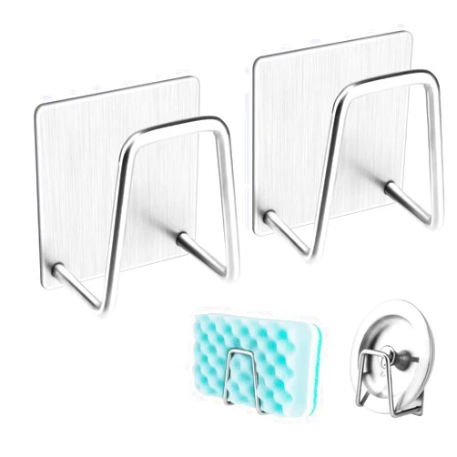 PEAKTREND 2Pcs Adhesive Sponge Holder Sink Caddy Holder for Brush and Sponge - SUS304 Stainless Steel Rust Proof Waterproof, Quick Drying-Silver