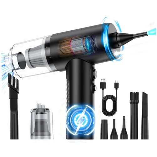 Hostena 3 in 1 Compressed Air Duster& Mini Vacuum Cleaner& Hand Pump, 3-Gear Adjustable 100,000RPM Handheld Electric Air Duster Cordless, Portable Air Blower with LED Light for Car, PC, Keyboard, Carpet
