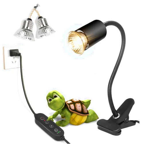 Fischuel Reptile Heat Lamp,Timed Heating Lamp with Clamp, Adjustable Habitat Basking Heat Lamp,UVA/UVB Light Lamp 360° Rotatable Clip and Power Adapter for Aquarium(Bulb Included)