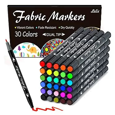 Lelix Fabric Markers, Lelix 30 Permanent Colors Dual Tip Fabric Pens for Writing Painting on T-Shirts Clothes Sneakers Canvas Pillowcases, Child Safe & Non-Toxic for Kids Adults