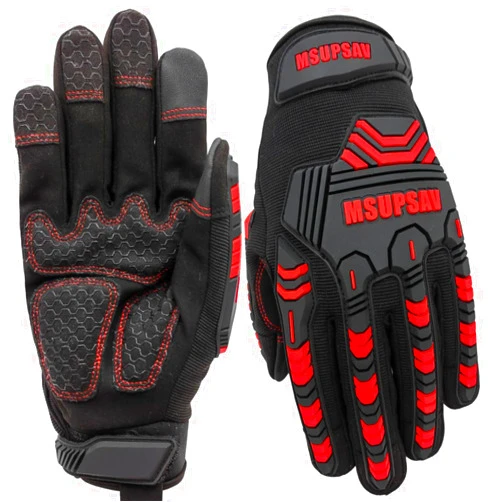 MSUPSAV Heavy-Duty Work Gloves,Synthetic Leather Impact Protection Mechanic Gloves,Rigger Gloves,High Dexterity,Vibration Reduction,Touchscreen,Large,Red+Black